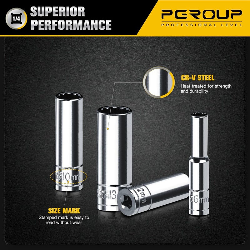pgroup 1/4 Inch Drive Socket Set - 8 Piece Metric 12-Point Deep Socket Set (6mm, 7mm, 8mm, 9mm, 10mm, 11mm, 12mm, 13mm)- Chrome Vanadium Steel with Sturdy Holder - 50BV30 - Image 3